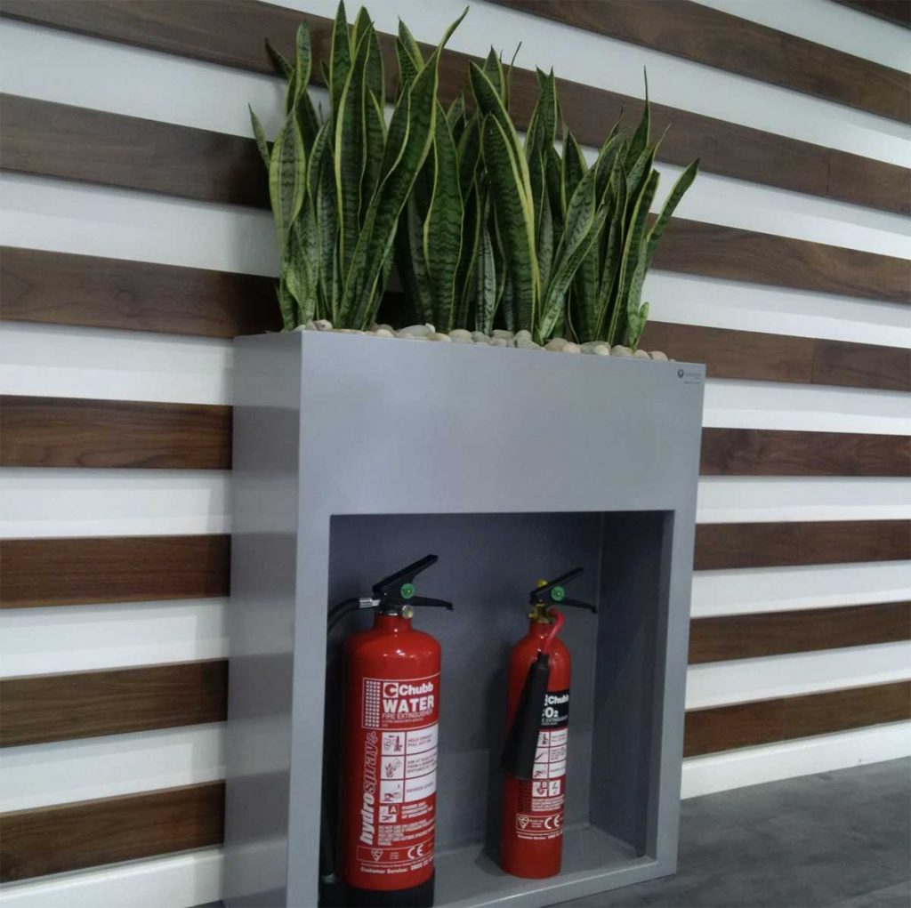 A grey fire extinguisher cabinet topped with sansevieria against a modern wood panelled wall in an office corridor