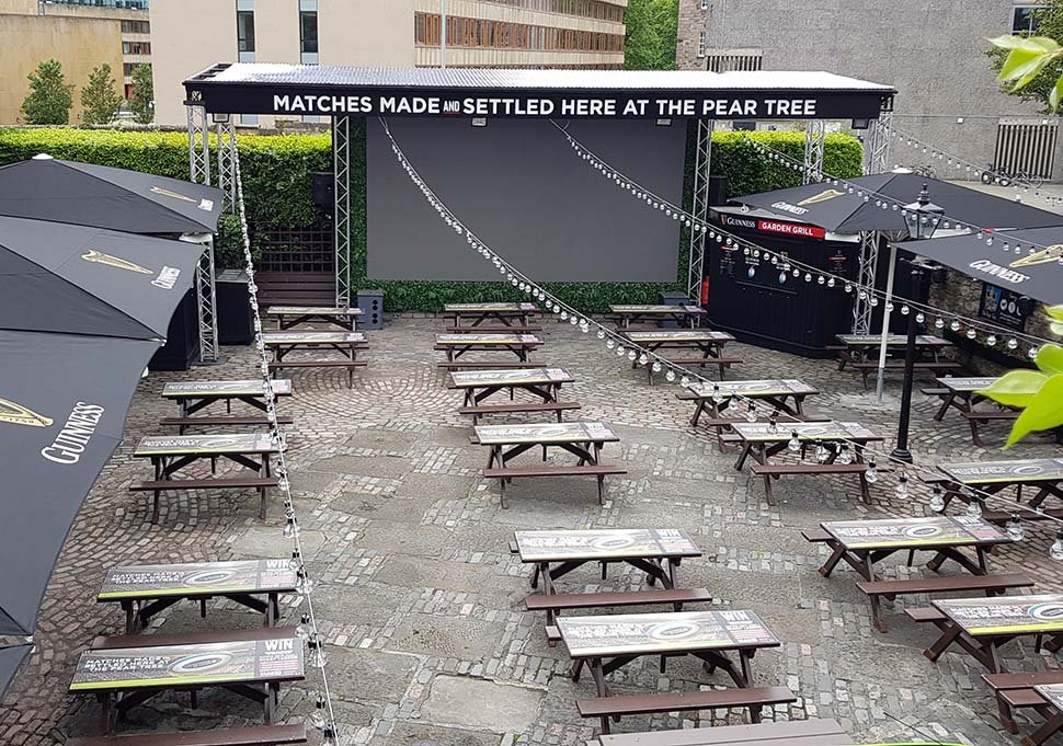 Edinburgh beer garden protected by huge Guinness sponsored parasols is a popular venue with a big outdoor screen, Outdoor Dining
